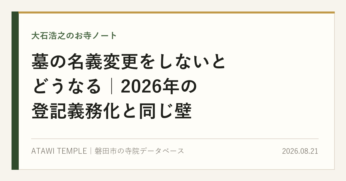 生成りの紙面に濃緑の帯と金の細線をあしらったカバー画像。上に「大石浩之のお寺ノート」、中央に大きな見出しで「墓の名義変更をしないとどうなる｜2026年の登記義務化と同じ壁」、下段に「ATAWI TEMPLE｜磐田市の寺院データベース」と日付「2026.08.21」が並ぶ。