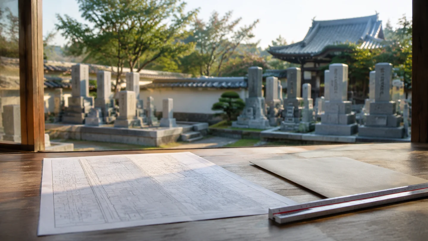 相続した土地の地図と書類を手前に置き、背景の墓地と寺院をぼかして、土地の制度と墓地の手続が別に進む二つの壁を表した横長の写真調イメージ