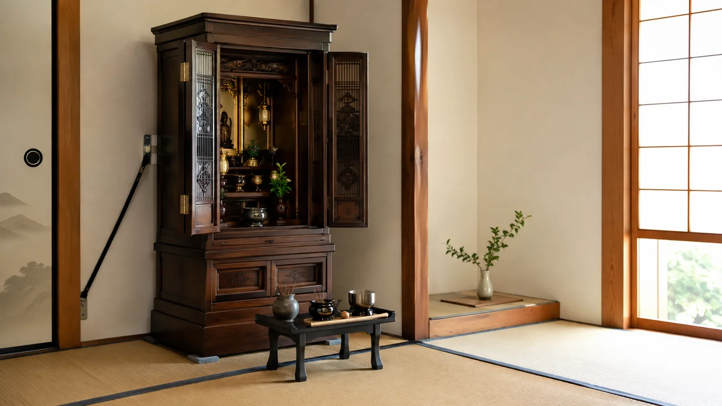 空き家になった日本家屋の畳の部屋で、壁との固定具、床との接地、仏具の置き方、周囲の通路を確認できるように配置した仏壇の横長写真調イメージ