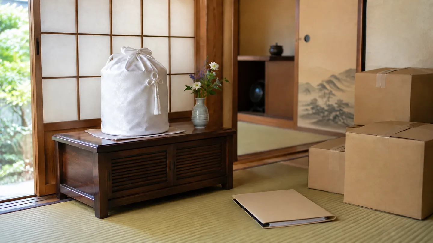 初秋の自然光が入る無人の和室で、白布に包んだ骨壺を安定した木製棚に置き、離れた畳の上に無地の書類フォルダーと家財整理用の段ボールを並べ、自宅保管中の遺骨を処分品から分ける様子を表した横長の写真調イメージ。