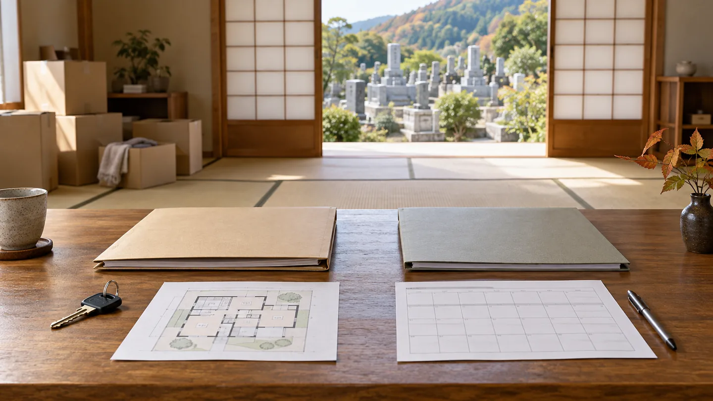 初秋の自然光が入る無人の和室で、家財整理用の箱を背景に、木の机へ実家の鍵、間取り図、二冊の無記名ファイル、空欄の予定表を二列に並べ、遠景の無銘墓石とともに墓じまいと実家売却の並行作業を表した写真調の生成画像。