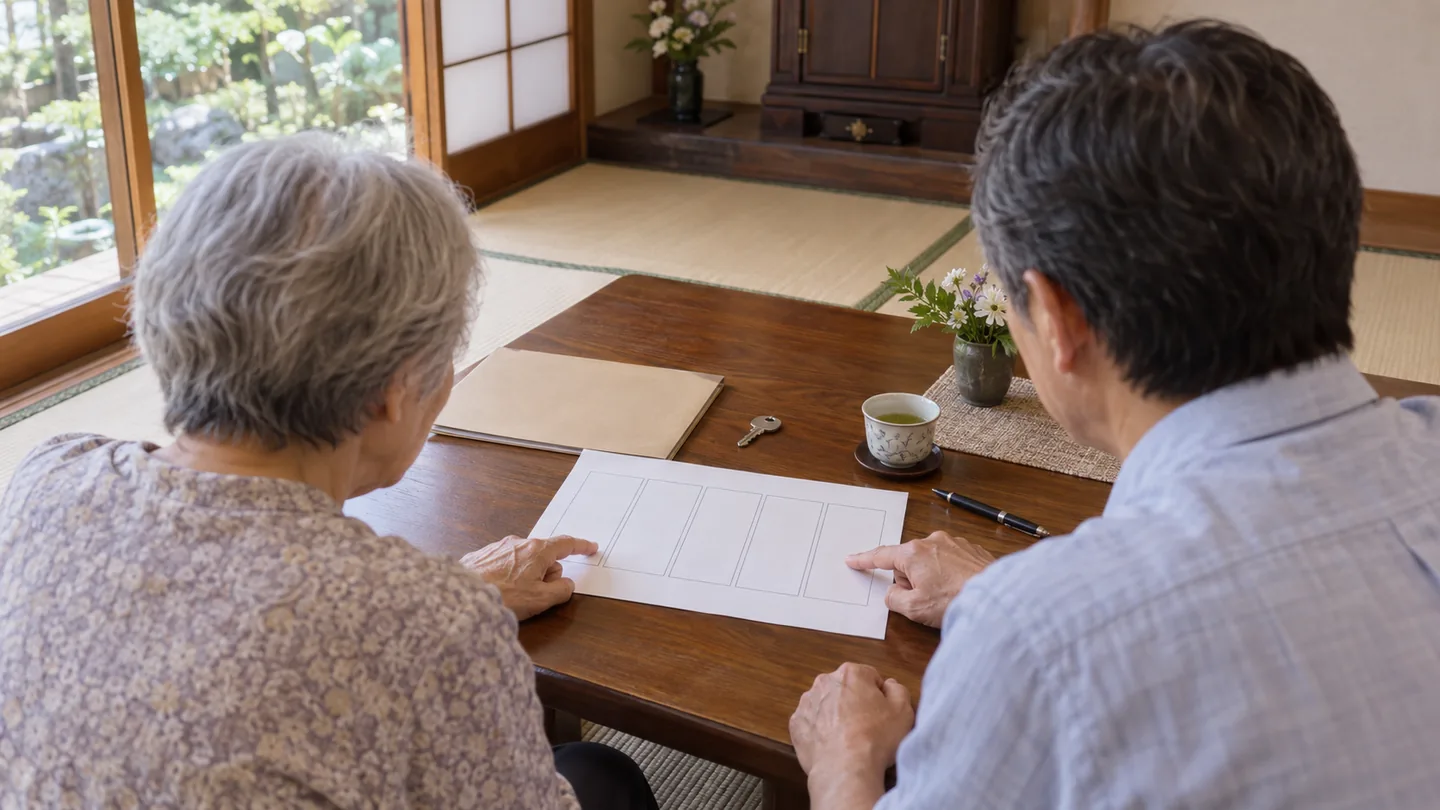 初秋の自然光が入る畳の部屋で、後ろ姿の親子が木の机を囲み、五つの空欄がある一枚の紙、無記名ファイル、家の鍵、ペンを前に、墓と菩提寺の情報を確認する様子を表した写真調の生成画像。