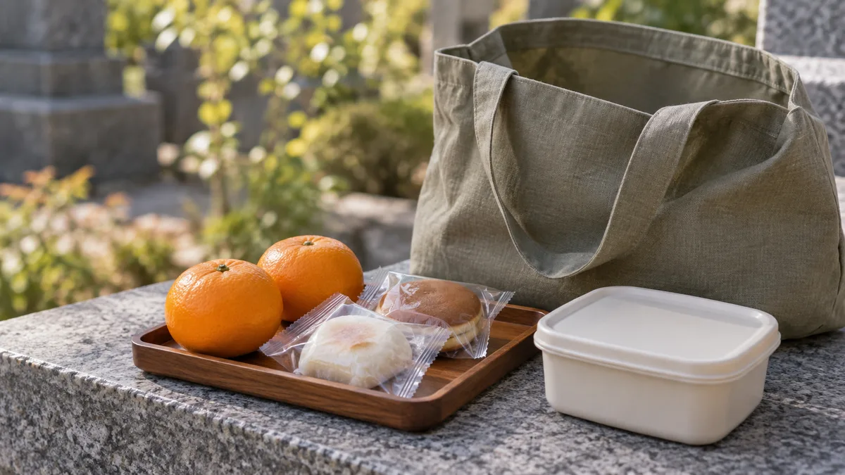 墓参りのお供えを持ち帰る準備として、石の台に少量のみかんと包み菓子を載せた盆、ふた付き容器、布の手提げ袋を並べたイメージ