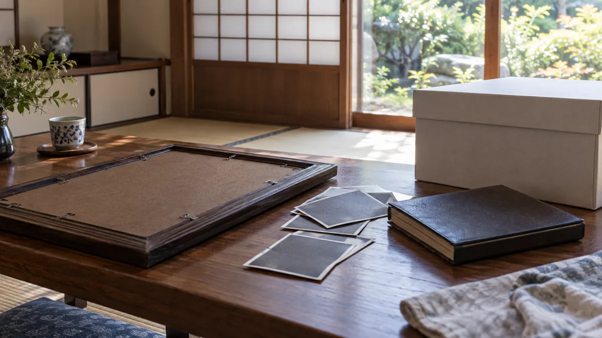 実家の和室を想定した机に、裏返した遺影の額、写真、閉じたアルバムと保管箱を並べ、残す写真と一時保管する品を分ける準備を表した生成イメージ。