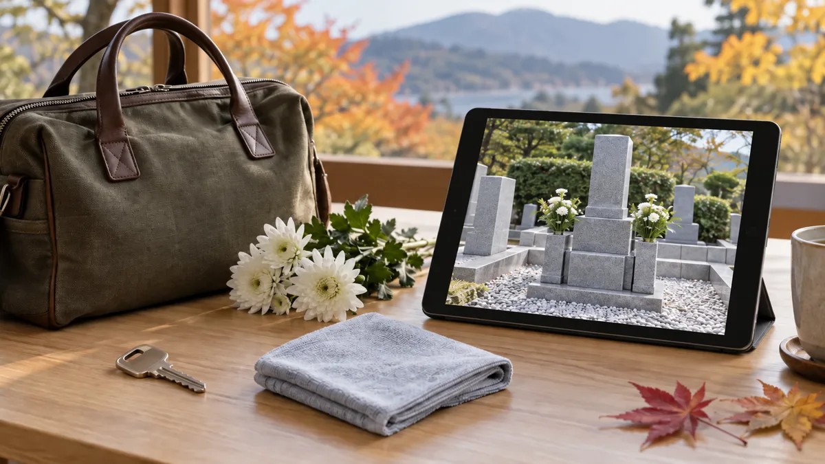 帰省用の旅行かばん、実家の鍵、墓掃除の布と白い花を机に並べ、タブレットに墓の様子を映して家族参拝と代行の写真報告を比較するイメージ