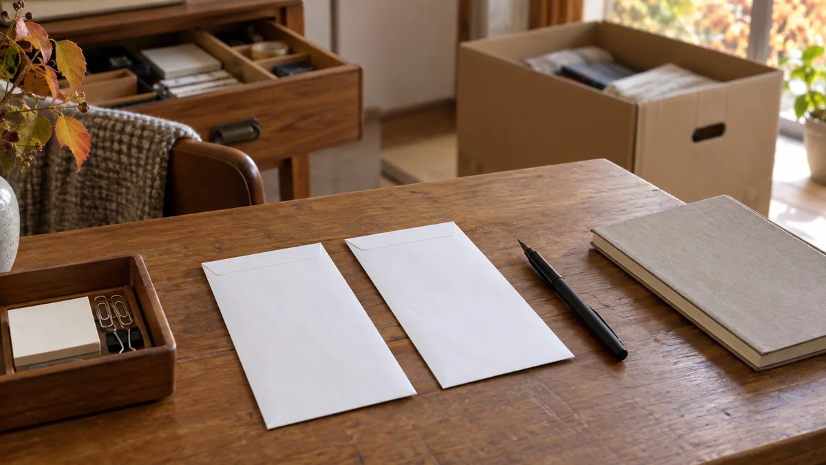 実家の文具を片付ける前に、無地の白い封筒と筆記具を木の机に取り分け、背景に文具の引き出しと片付け用の箱を置いた法要準備のイメージ