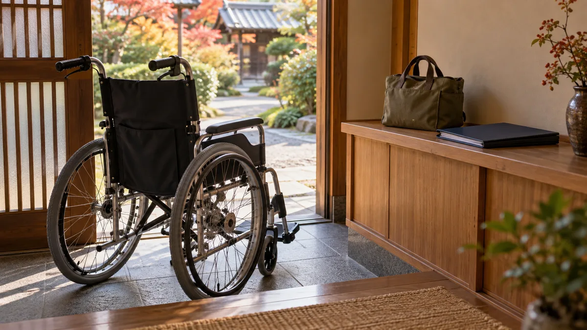 秋の外出を準備する架空の玄関に置いた車椅子と、棚に分けて置いた外出用バッグと家の書類。親の参拝と実家整理を別の予定にする考えを表した生成イメージ