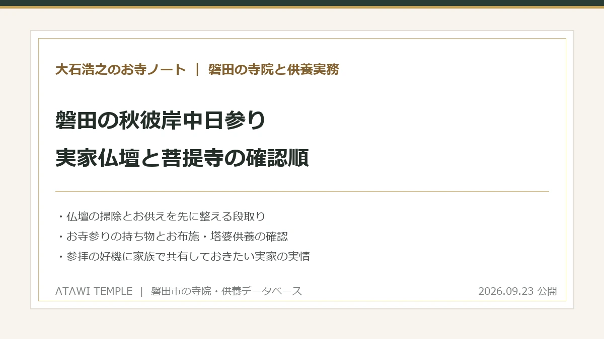 秋彼岸の中日に磐田の実家仏壇とお寺参りを進める順序を整理した表紙画像