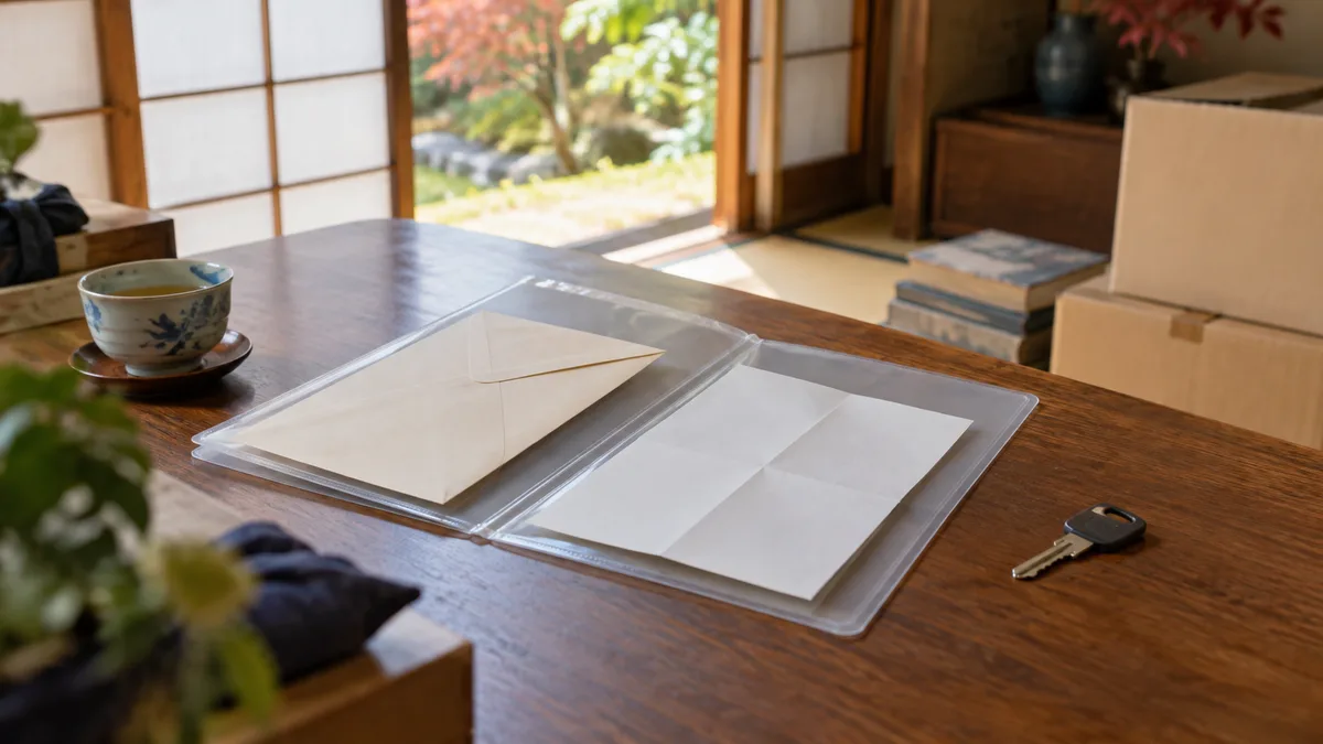 実家の木の机で、寺の行事案内を保管するイメージの白い紙と封筒を透明なファイルに収め、家の鍵を横に分けて置いた様子