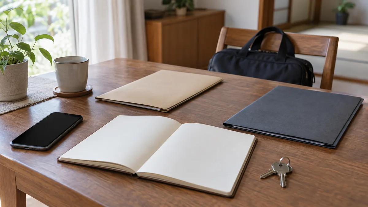 墓の相談と実家整理の予定を分けて考えるため、二冊の書類フォルダーと白紙のノート、家の鍵、スマートフォンを机に並べた生成イメージ