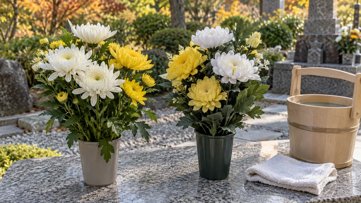 生花と造花を比べるために白と黄色の菊の花束を並べ、水桶と手入れ用の布を添えた生成イメージ