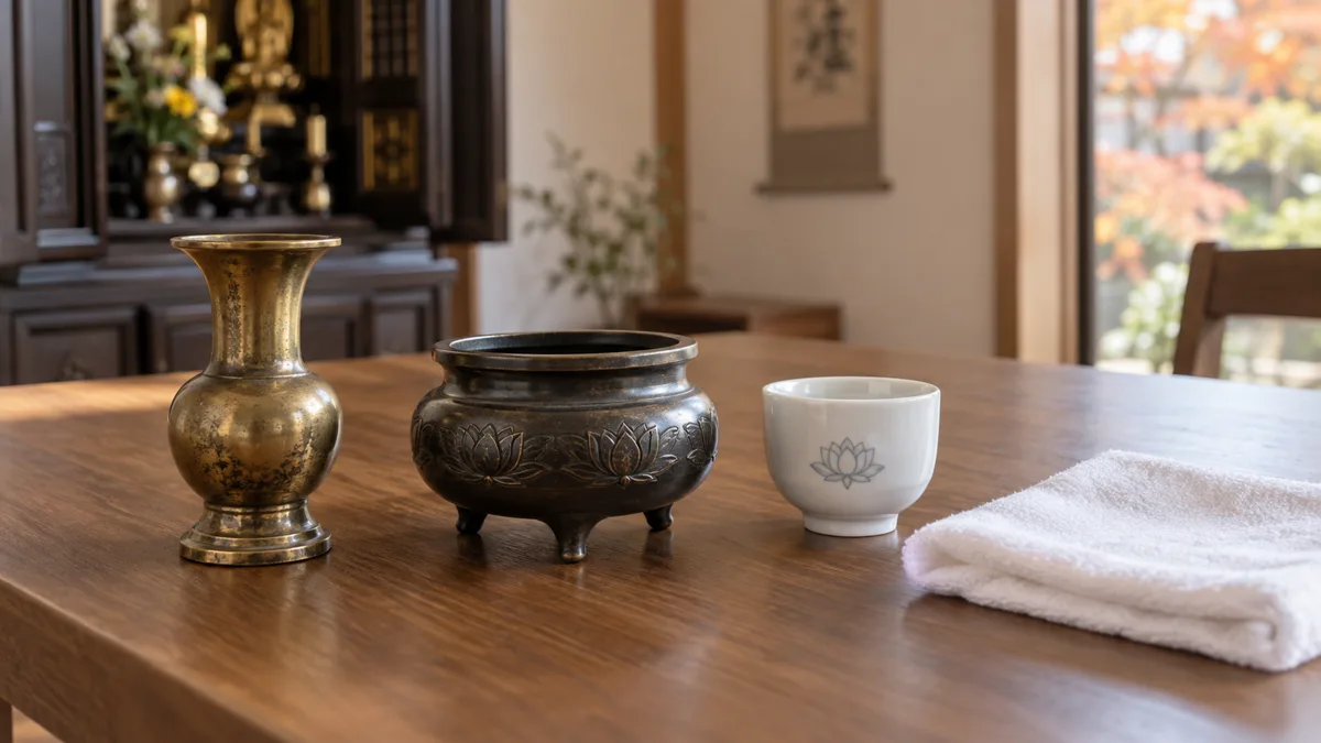 木の机に真鍮色の花立、黒い仕上げの香炉、白い陶器の仏具と柔らかい布を別々に置き、磨く前に材質と表面を確認する準備を表した写真調の生成画像
