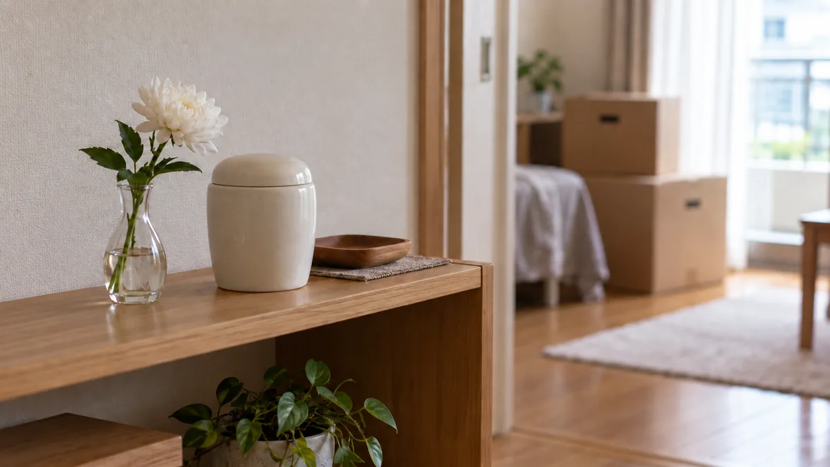 架空の住まいの木製棚に、蓋を閉じた小さな白い骨壺と一輪の花を置き、離れた部屋に引っ越し用の箱を配した、実家を離れても故人を身近に偲ぶ暮らしの生成イメージ。