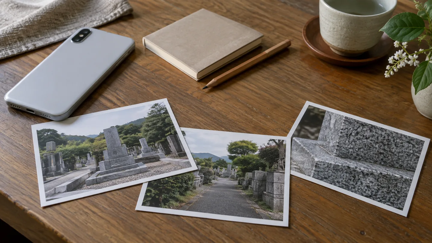 墓の場所と刻字を家族に残す準備を表した、架空の墓と通路と石肌の写真、スマートフォン、ノートを並べた机上のイメージ