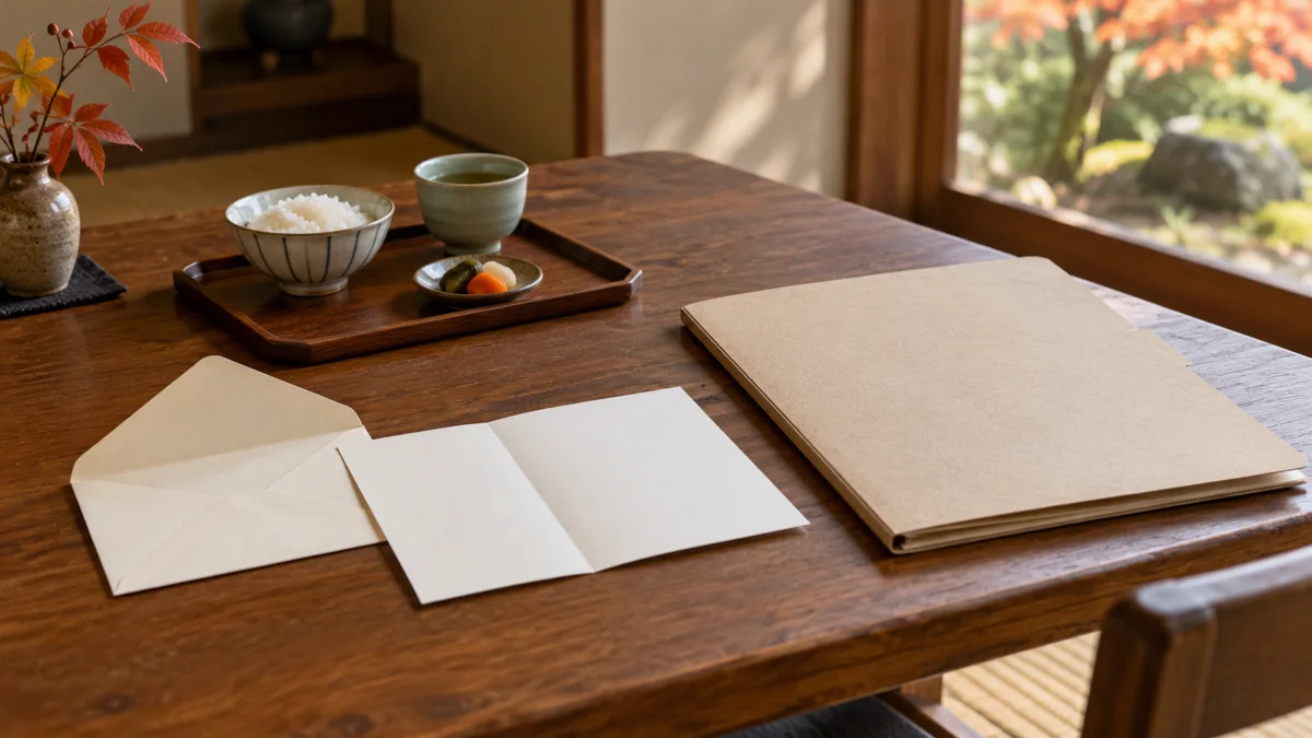実家で寺の案内を引き継ぐ場面を表す、文字のない封筒と用紙、保存用ファイル、食事の膳を並べた木の机の生成イメージ