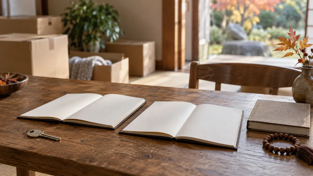 実家の売却と法要の相談を別々に整理することを表す、家の鍵、2冊の白いノート、記録帳と数珠を置いた食卓の生成イメージ