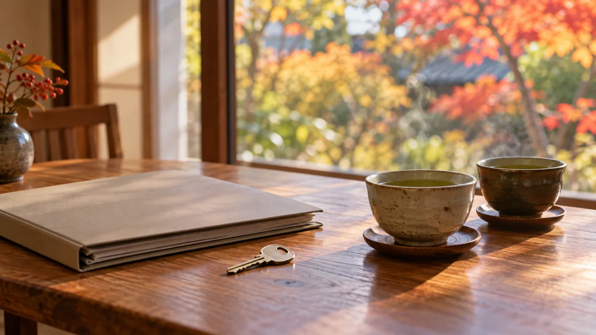 木の机に無記名の書類入れと家の鍵、二つの湯飲みを分けて置き、窓の外にぼかした秋の葉を配した写真調の生成画像。磐田の実家整理の帰省に、作業とひと休みの時間を分ける考え方を表している。