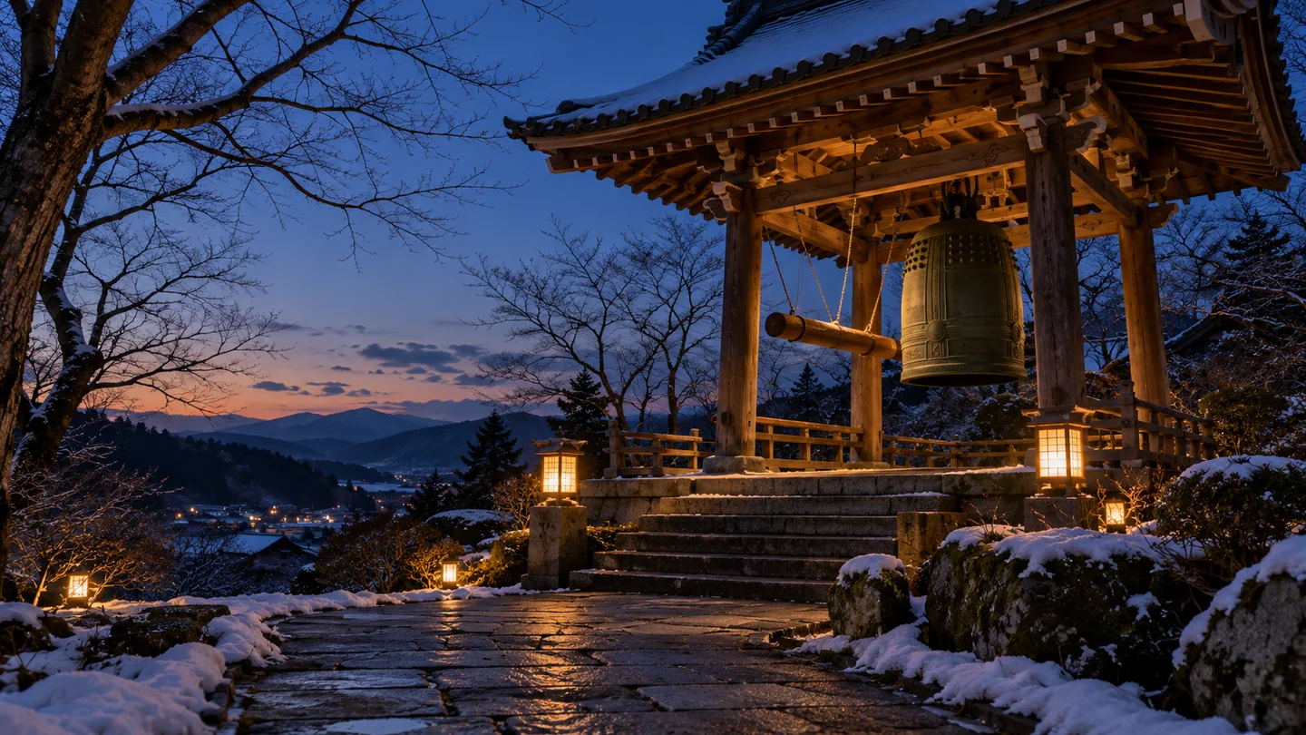 実家を離れた後の年越しと寺とのつながりを考える記事に合わせた、冬の夕暮れの架空の鐘楼と石畳の参道の生成イメージ