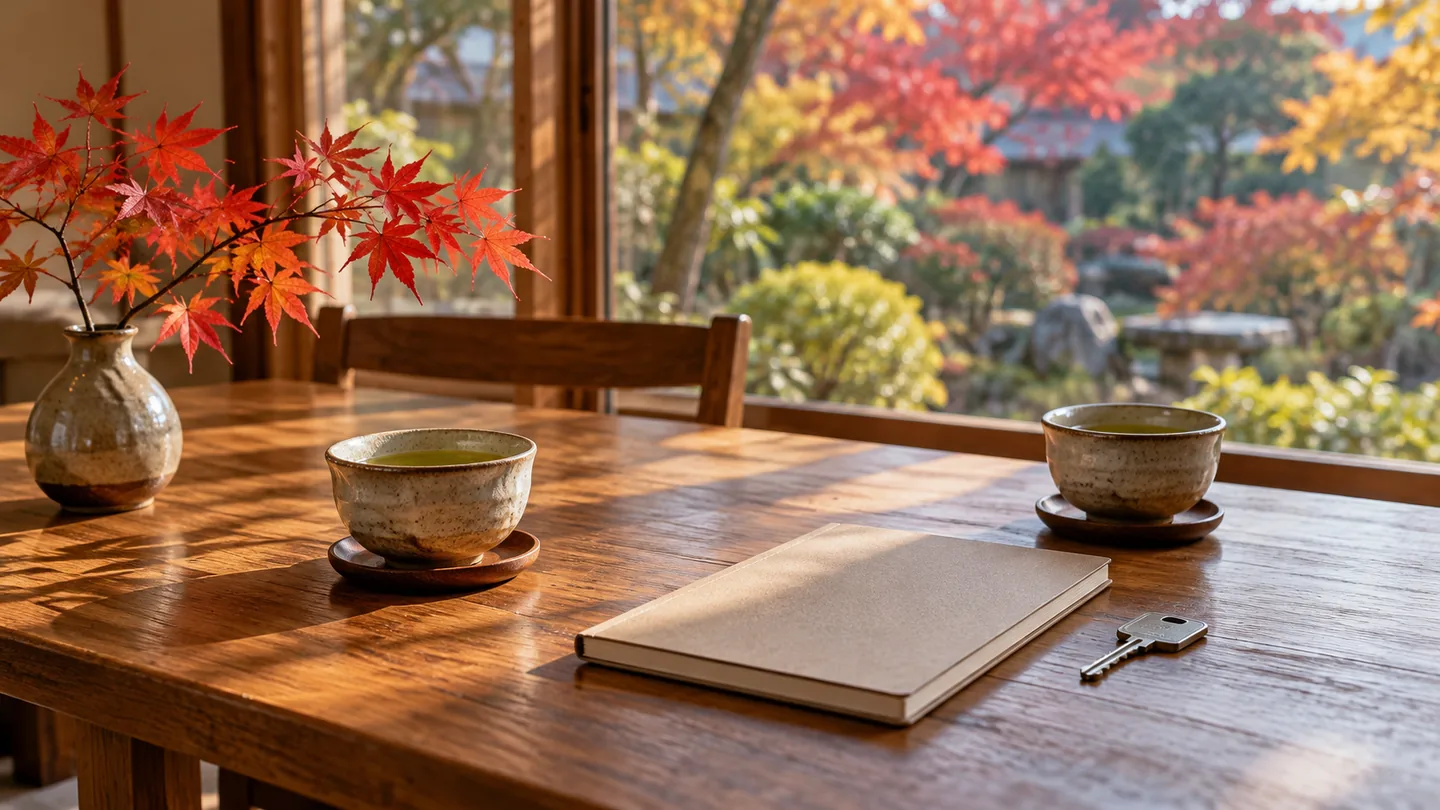 秋の帰省と実家の今後を落ち着いて考える場面を表す、紅葉の枝、二つの湯飲み、閉じたノートと家の鍵を置いた架空の室内の生成イメージ