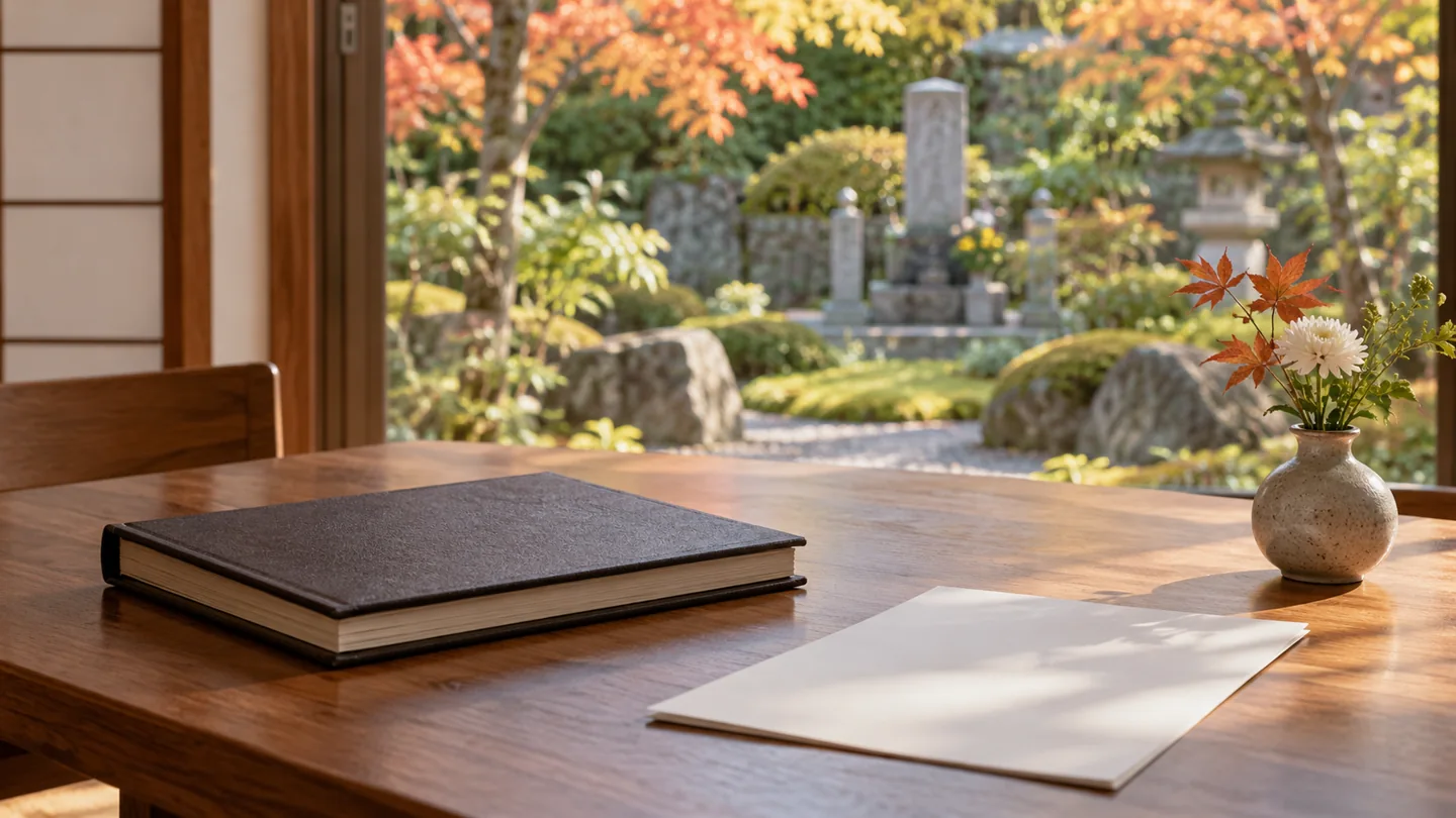 秋の机に家族の記録と花を置き、実家の整理と墓のこれからを分けて考える場面を表した生成画像。