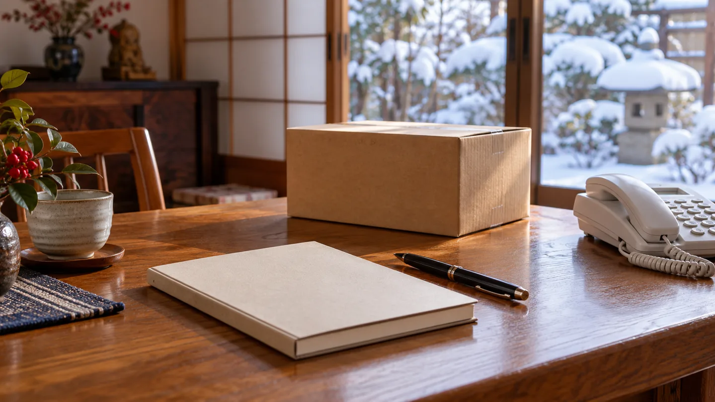 年末の実家整理と菩提寺への連絡を考える机の上のノートと電話