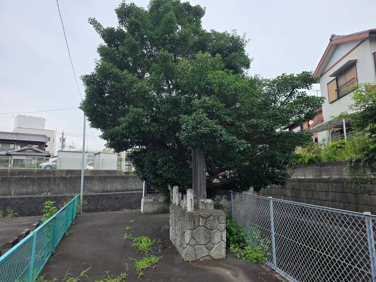 合掌寺所在地に残る石碑と小祠の全景